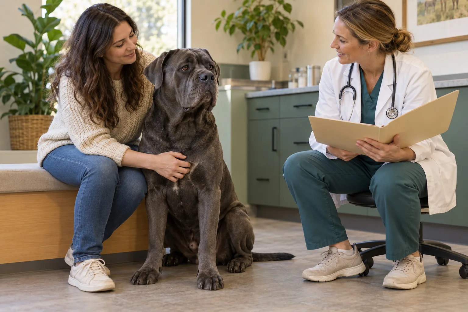 Gray Cane Corso sitting with its owner and a veterinarian in a consultation room